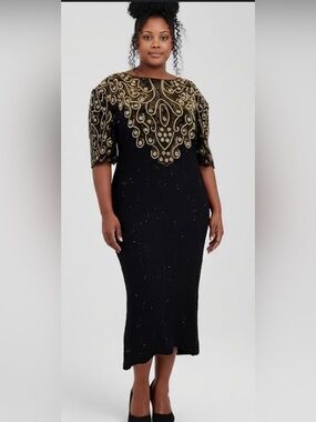 Silhouette Black Midi Dress with Intricate Gold Beaded Yoke